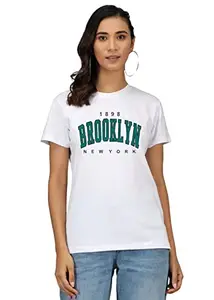 EARTHSTICK Cotton Blend '' Brooklyn Printed Half Sleeve Casual T- Shirts for Women (M, White)