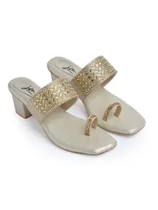 JM LOOKS Women's Embellished Ethnic Heels Sandal with Toe Ring Design Comfortable Lightweight Heels for: Weddings, festive occasions - Gold
