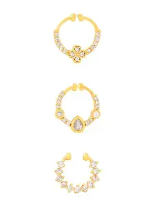 Yellow Chimes Nose Ring for Women | Non Piercing Nose Ring for Women | Gold-Plated Stone Studded Nose Pins for Girls | Combo of 3 Pcs | Birthday Gift for Girls Anniversary Gift for Wife