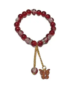 Crystal Beaded Stretch Bracelet with Butterfly Charm, Red Glass beads, Gold-Tone Chain Accent Beads bracelet for women kids girls adjustable design handmade bracelets.
