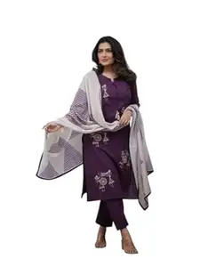 Women's Chanderi Silk Embroidery kurti set for woman Kurta Pant Set with pure cotton Dupatta for Women 3 Piece Festive Kurti Set