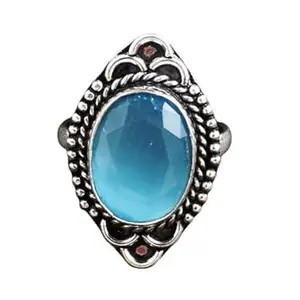 Alloy Metal Rhodium Polished Oval Shape Blue Chalcedony Gemstone Handmade Cocktail Ring Indian Size 21 RGS-1322