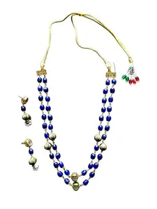 Traditional Kantha Blue Beaded Double-Layer Necklace Set with Gold-Toned Accents and Matching Earrings Women Style Wedding and Engagement Jewellery Set