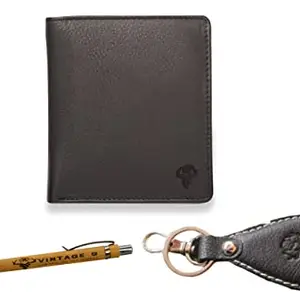 VINTAGE9 Booklet Style Black Leather Men's Wallet with Keyring and Pen-Cairo, Combo