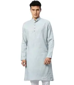 Majestic Man Men's Cotton Regular Fit Traditional Mandarin Collar Ethnic Motifs Solid Long Kurta