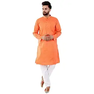 Galaxie India - Men's Khadie Cotton Relaxed Kurta - Traditional Orange Color (X-Large)