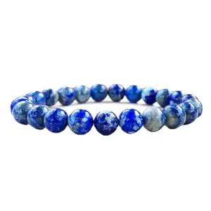 RRJEWELZ Natural Lapis Lazuli Round Shape Smooth Cut 8mm Beads 7.5 inch Stretchable Bracelet for Healing, Meditation, Prosperity, Good Luck | STBR_04803