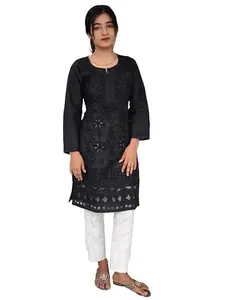 Lucknowi Indian Style Embroidered Black Color Women Cotton Kurta,Lucknowi Net dommon Kurti for Ladies, Short Kurti. Black (Small)