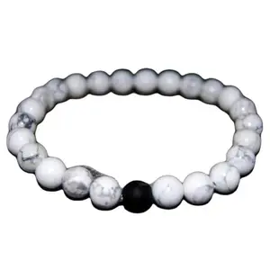 RRJEWELZ Natural Howlite With Matte Onyx Round Shape Smooth Cut 8mm Beads 7.5 inch Stretchable Bracelet for Healing, Meditation, Prosperity, Good Luck | STBR_04274