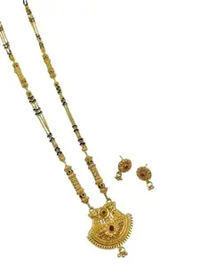 Mangalsutra For Women,Ladies, Wife Gold pleated Long Chain Mangal sutra Pendant Black golden Nallapusalu South Indian Traditional (U Pendent damru ser MS49)