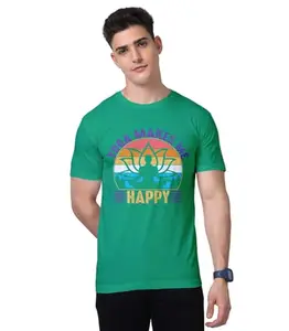 Print My Fashion Men's T-Shirt Regular Fit Round Neck Half Sleeve Combed Bio-Washed Cotton Yoga Happy Graphic Printed T Shirt for Men (Green, XL)