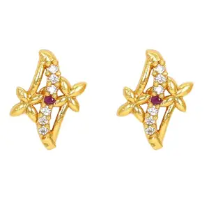 RAMDEV ART FASHION JEWELLERY Gold-Toned Stud Earrings with Ruby Gemstone, Crystal Accents for Girls