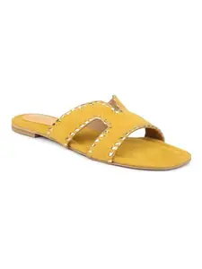 INC.5 Women Yellow Embellished Suede Open Toe Flats