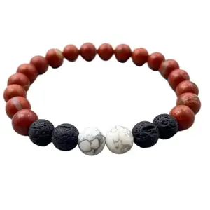 LKBEADS Red Jasper Bracelet, Howlite & Black Lava Beaded Bracelet, Healing Stones Jewelry, Crystal Energy Accessory, Adjustable Design|8mm Round|Smooth|Multicolor|SRC_LI_000654