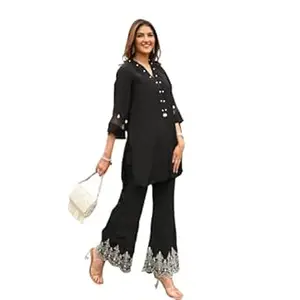 indiyacarft store Women's Cotton Embroidered Co-Ord Set Elegant Summer Two-Piece Outfit (Black)