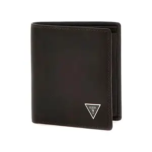 GUESS Brown Solid Leather Roma Bi-Fold Coin Pocket Wallet