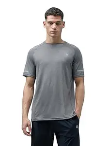 TECHNOSPORT Men Melange Slim Fit Round Neck T-Shirt with Double Cool (Navy) Gym T Shirt for Men Sports Tee for Him Male Polyester Top