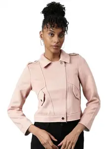 SHOWOFF Women's Long Sleeves Solid Lapel Collar Peach Biker Jacket-2058_Peach_M