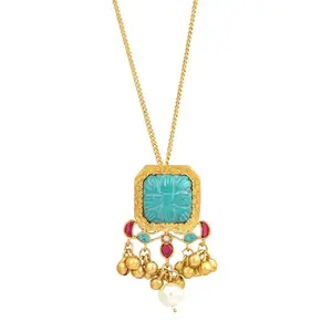 NAVA Varg Pendant | Gifts For Women & Girls | Gold Plated Brass Jewellery | with Firozah and Meena Stones | Turquiose and Golden Colour