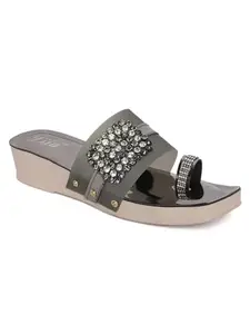 Fiia Women Stylish Fashion Sandals Diamond Patch Work For Wedding & Party Grey UK-8