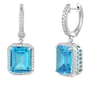 925 Sterling Silver White Gold Color -Plated Blue Topaz Earrings