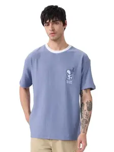 The Souled Store Peanuts: Too Cool to Care Men and Boys Short Sleeves Round Neck Blue Embroidered Cotton Oversized T-Shirts