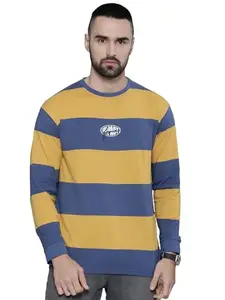 Maniac Mens Imapact Striped Mens Round Neck Full Sleeve Mustard & Blue Oversized Fit T-Shirt