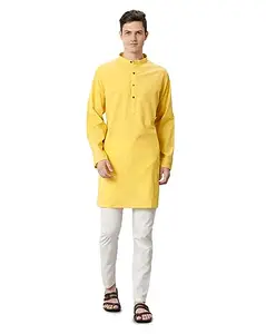Cavallo by Linen Club Men's Cotton Linen Yellow Solid Full Sleeve Kurta