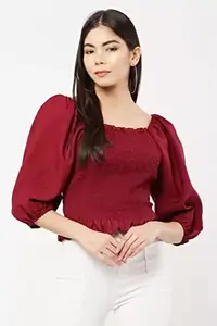 Generic Shree Shyam Creations Women's Regular Fit Casual Puff Sleeves Crop Style Top(Maroon)