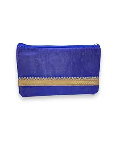 Raang Desi Vibrant Banarsi Pouches-Elegant, Classic Design with Spacious Storage, Ideal for Makeup & Stationery, Crafted from Super Classic Banarsi Material, Single Zipper for Easy Access, Blue