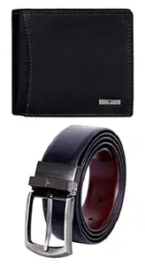 URBAN FOREST Ostin Black Leather Wallet & Black/Brown Reversible Leather Belt Combo Gift Set for Men
