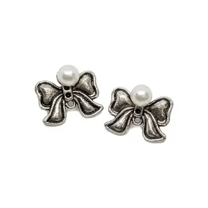 Comet Busters Oxidized Earrings For Women & Girls, Cute Bow Earstuds With Pearl (HA056)