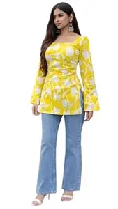 ALENJAN Rayon Floral Print Short Kurti for Women | Square Neck Long Sleeve Top for Women | Criss Cross Back Desing Kurti | Soft Breathable Fabric | Relaxed Fit | Casual and Office Wear