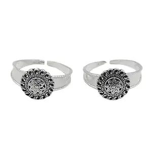 Sahiba Gems Pure Silver (Chandi) Oxidised Round Designer Small Flower Toe Rings/Bichiya ~ Pack in 2 Pieces Set