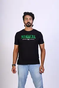 COCKTAIL FASHION Men's Black Crewneck T-Shirt with Magical Green Print (Roundneck) (40)