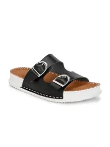 AADI Women's Black Synthetic Leather Breathable Stylish Comfortable Anti-Skid Casual Outdoor Slides/Slippers/Sandals