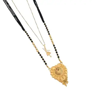 MALKYN Women's Gold Plated Peacock Motif Mangalsutra and Ballerina Pendant Layered Necklace Set, Traditional Indian Black Beaded Jewelry for Wedding and Festive Outfit-MD-091