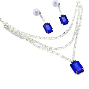 Paaru Blue Americon daimond jewellery set Multi-Strand Necklace with Gemstone Pendant Silver Tone (Blue)