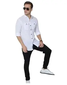 9 BROTHERS Men's Line Pattern Casual Shirt | Full Sleeves Men's Shirt | Men's Solid Slim Fit Cotton Shirt with Spread Collar | Men's Trendy Shirt | 9 B_Men's_Shirt_003_P |White | M