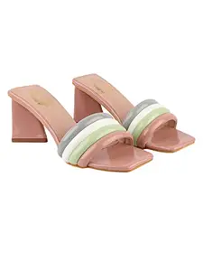 Shoetopia Women & Girls Trendy Casual Stylish Striped Upper Block Heels/Nice/Peach/UK8