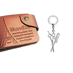 Mundkar Pu Leather Tan Wallet and Silver Steel Scissors Key Chain Key Ring Combo for Men and Boys. Kechain for Bike, Car, Home.