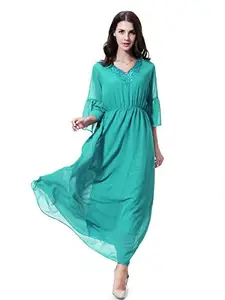 Aashish Fabrics Cyan Net Bell Sleeves Women Maxi Dress (Cyan, S)