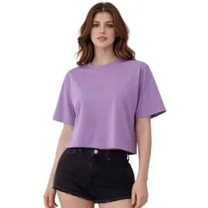 NAVRAAH Women's Oversized Crop Top, Black, Cotton Blend, Half Sleeve Round Neck Casual T-Shirt for Office, College