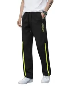 Mack Jonney Men’s Track Pants with Neon Yellow Side Stripe | Regular Fit Gym & Sports Lower | Activewear Training Joggers with Drawstring-M7961