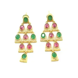 Chandelier Drop Earrings, Gold-Plated Brass with Green and Pink Stones, Traditional Design