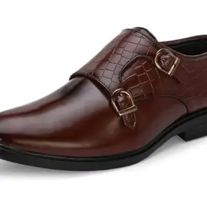 MACTREE Brown Faux Leather Monk Strap Formal Shoes for Men - 9 UK