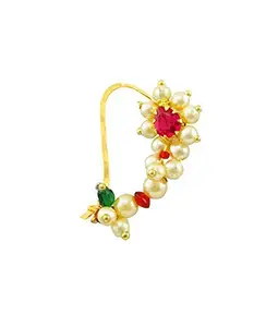 MEENAZ Jewellery Traditional Maharashtrian Nath Nose Ring Pink Multi Colour Stone Gold Plated Along with Pearl Beads for Women and Girl Nose Ring-103