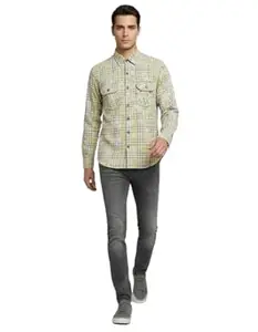 Men's Yellow Checked Casual Shirt, Regular Fit, Full Sleeve, Cotton Blend, Double Pocket