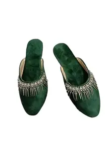 Women's Velvet Mule Slippers with Crystal Spikes, Dusty Pink, Indoor House Shoes (Green, UK Footwear Size System, Adult, Women, Numeric, Medium, 9)