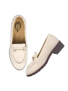 Shoetopia Upper Buckle Detailed Cream Loafers for Women & Gilrs